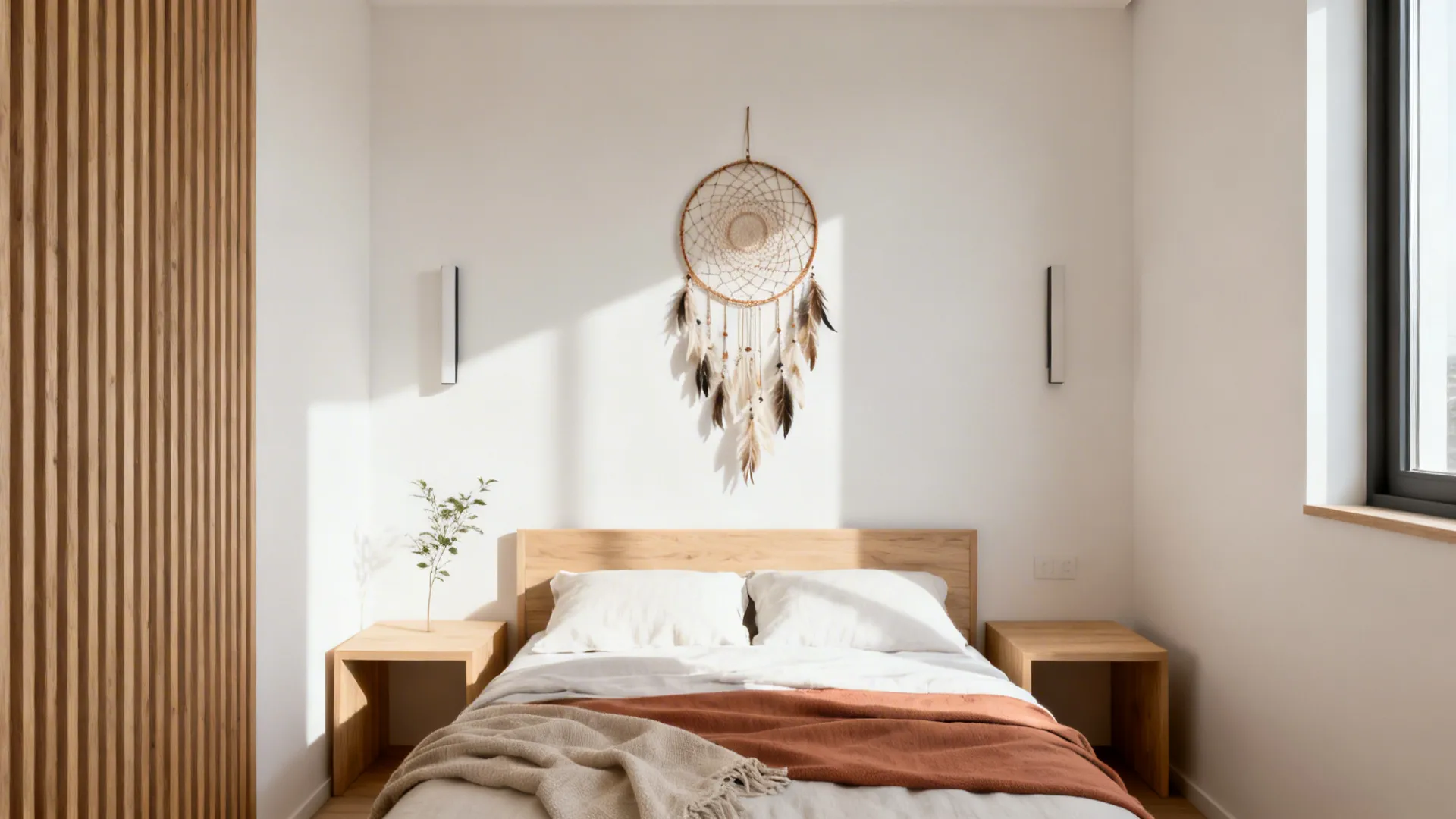 Minimalist small bedroom with a single dream catcher centered above a low headboard in linen-white and clay tones.