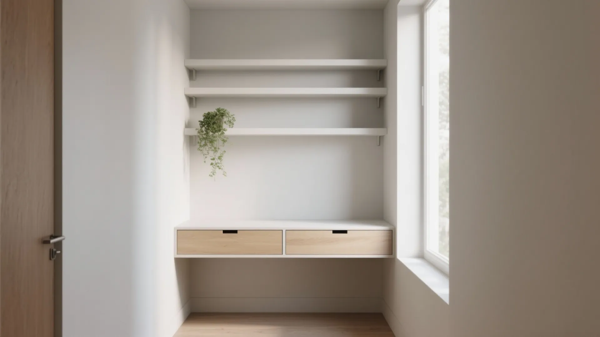 Minimalist home office with white walls, floating desk, wooden drawers, wall shelves, and natural light