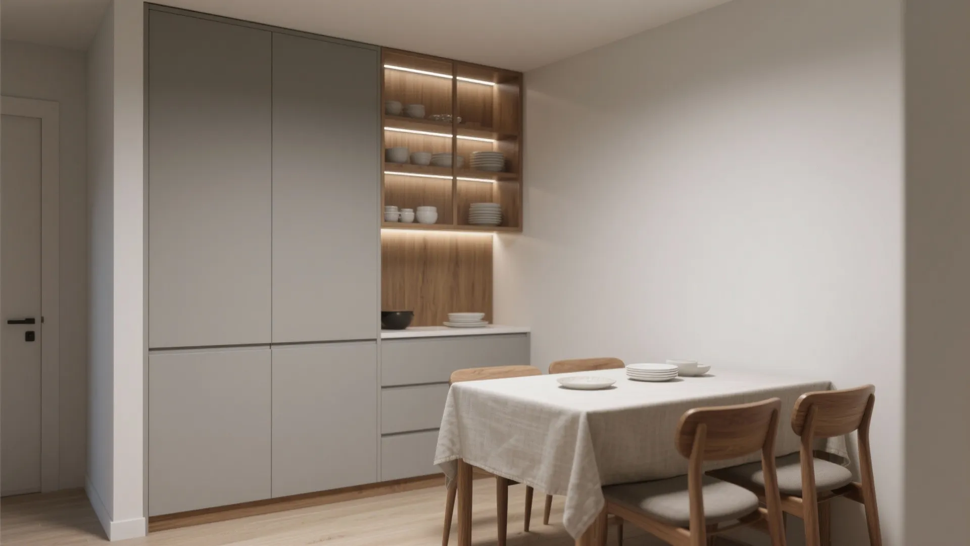 Modern dining room with grey cabinets wooden open shelves and dining table with four chairs
