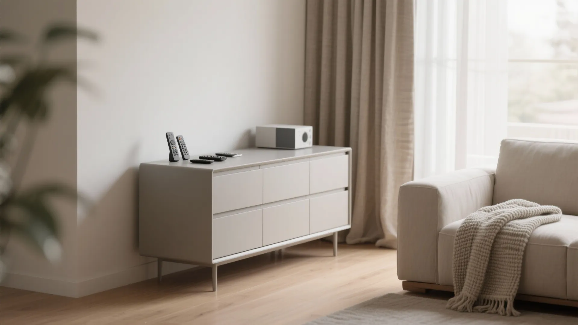 Minimalist matte-lacquer small chest with concealed drawers in a neutral living room.