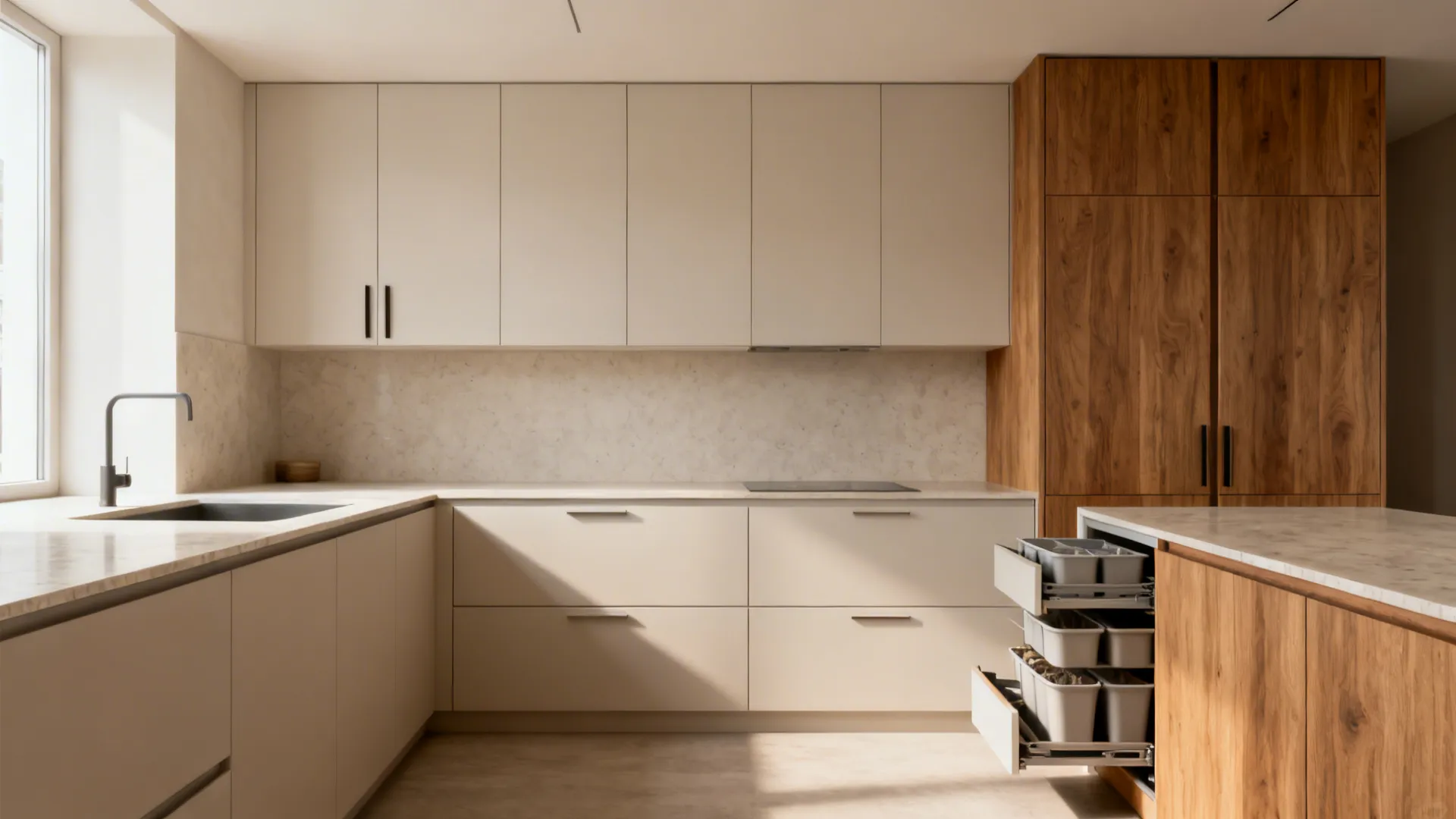 Minimalist full-height slab cabinets with integrated pulls and a tall pantry pull-out.