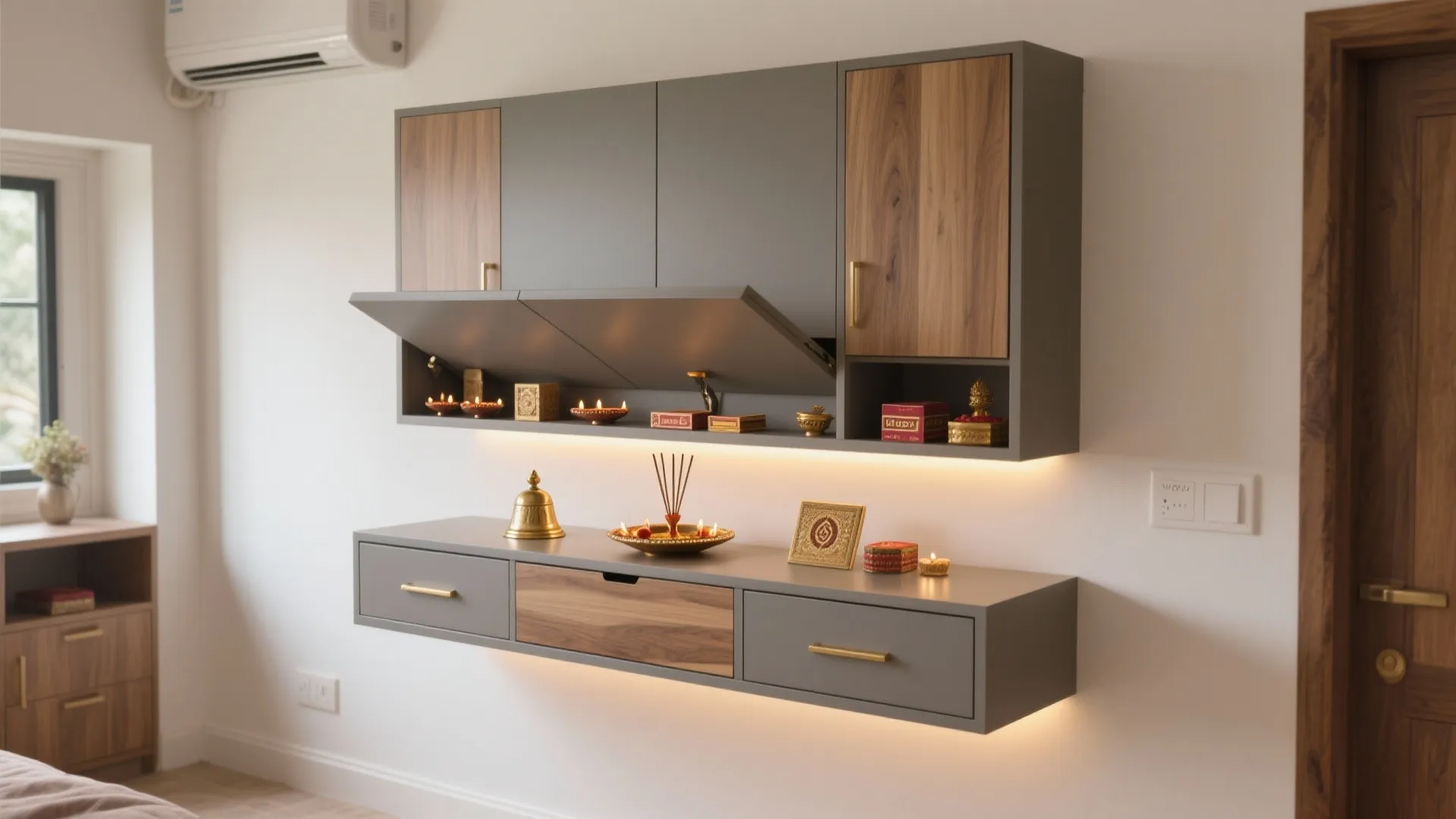 Minimal mandir with hidden storage