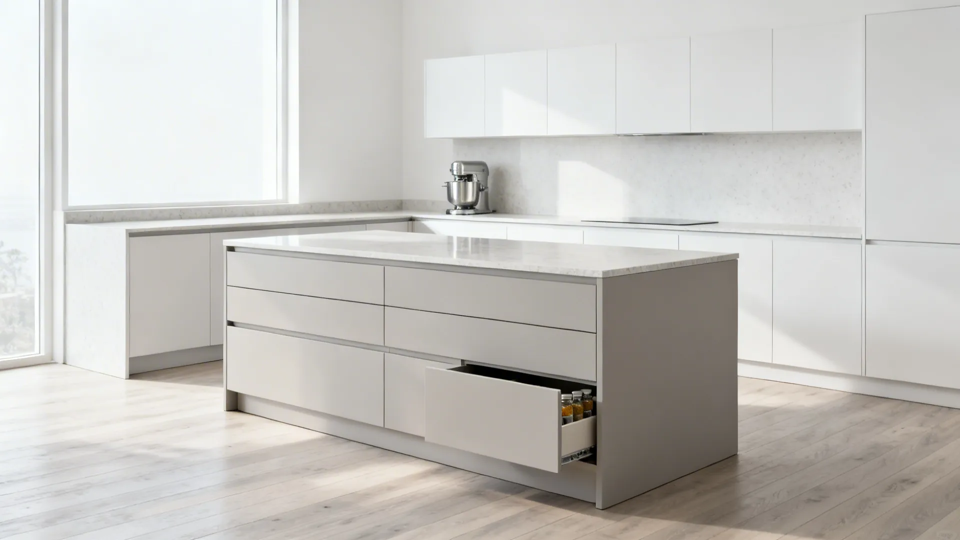 Minimalist white kitchen featuring a large island with an open drawer and organized spice jars