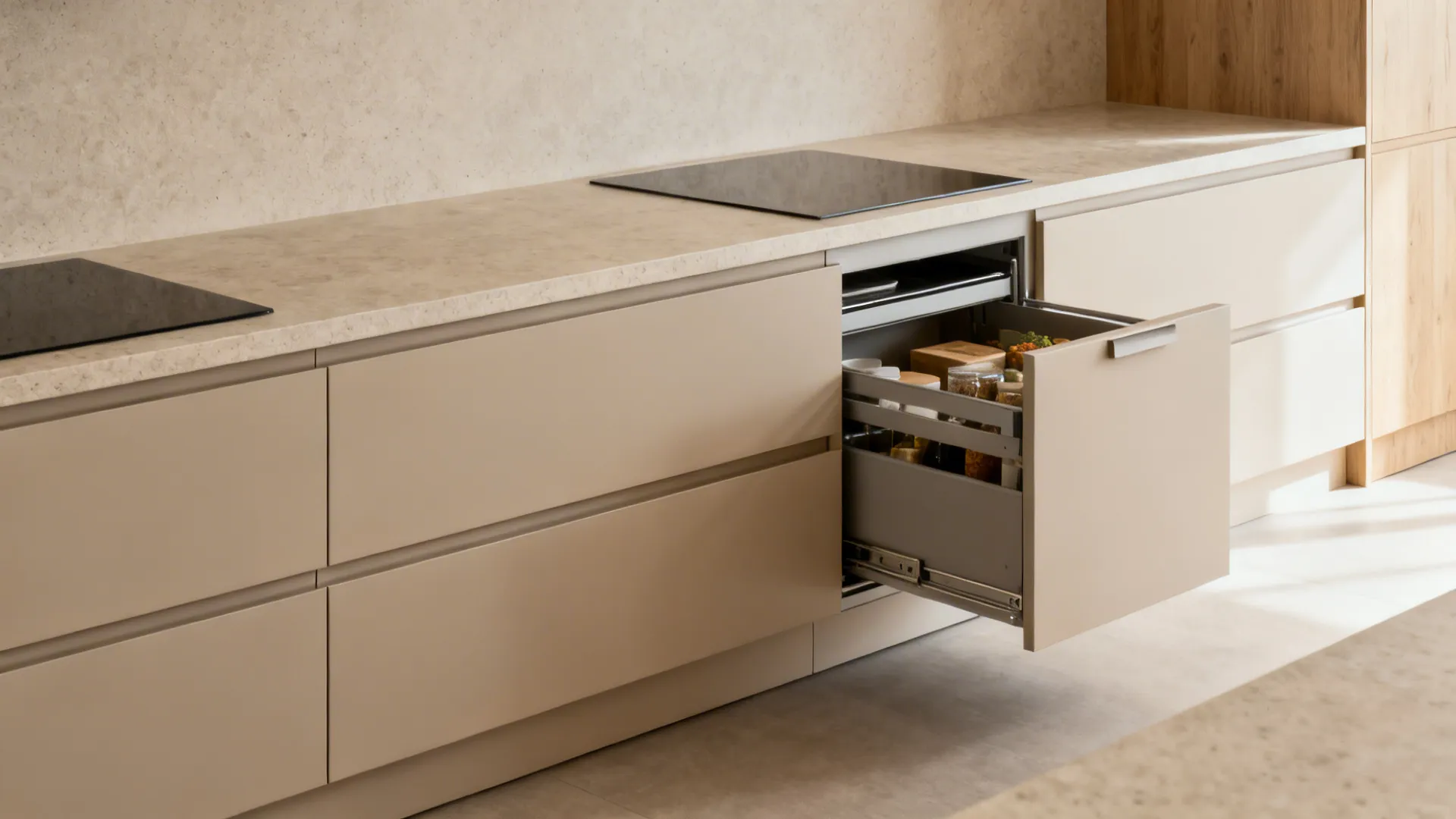 Minimalist flat-panel cabinets with hidden pulls and a pull-out larder in a compact kitchen.