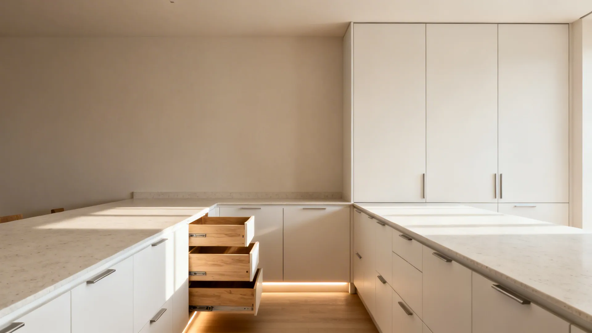Minimalist U-shaped kitchen with seamless handleless slab cabinets and full-height pantry towers.