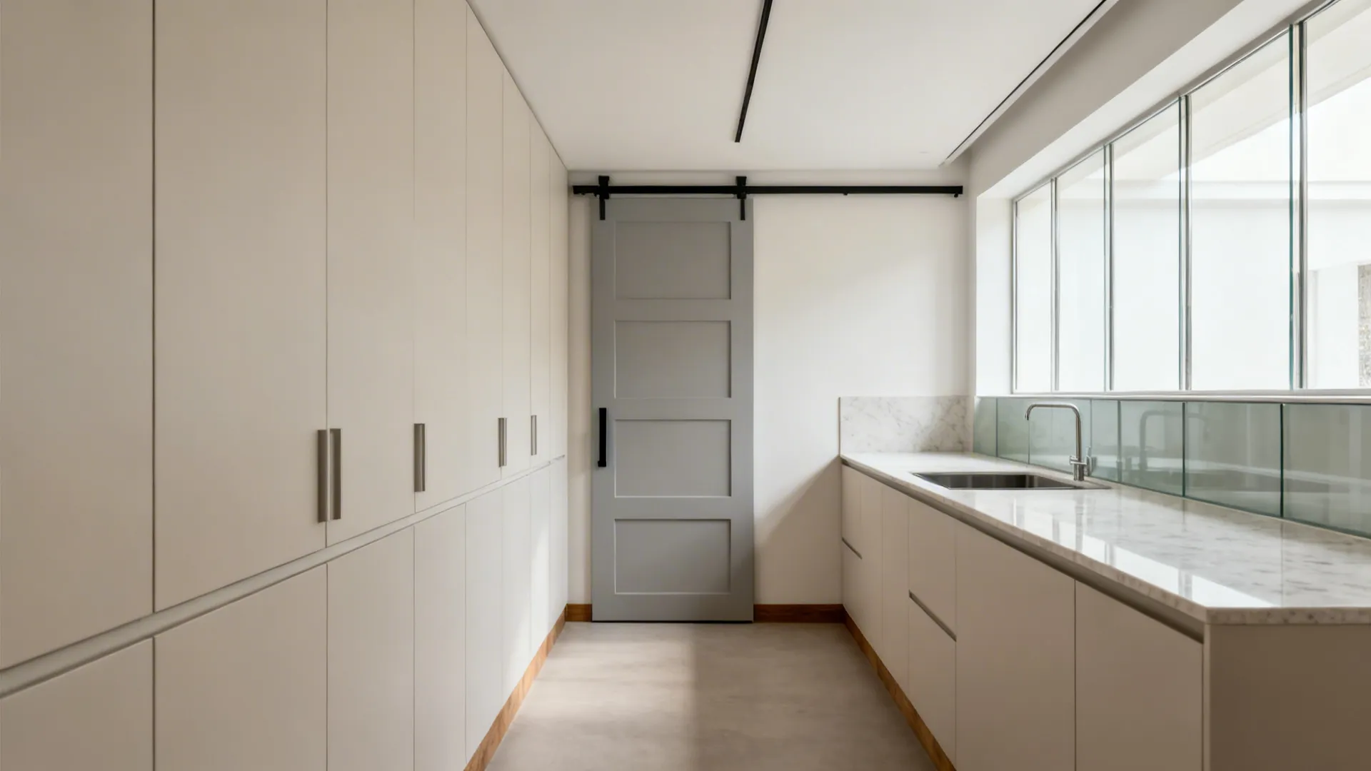 Minimalist paneled barn door on a hidden ceiling track elongates a tidy galley kitchen.