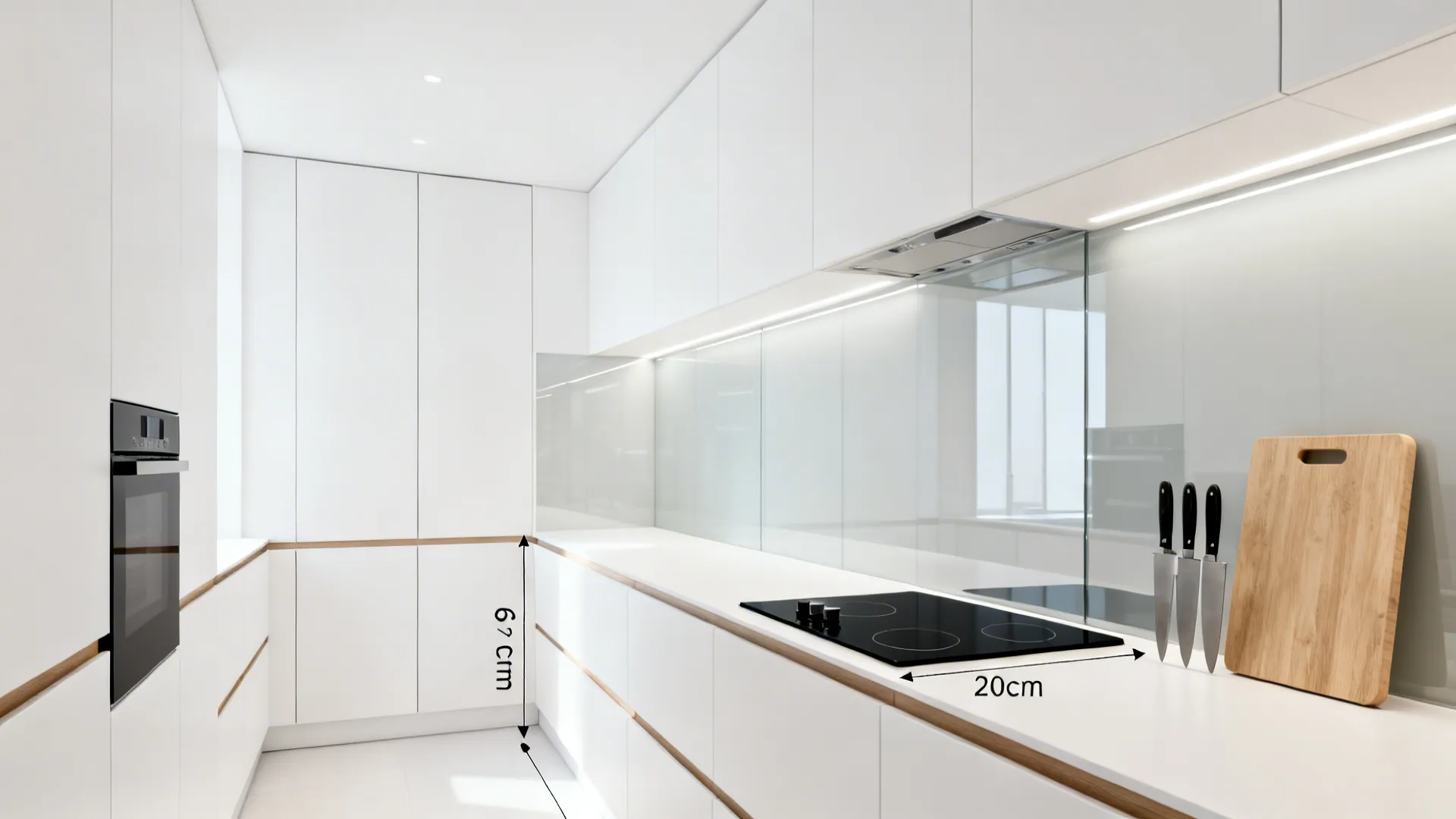 Minimalist 6 m² kitchen with a flush 2-zone induction hob and long clear counter.