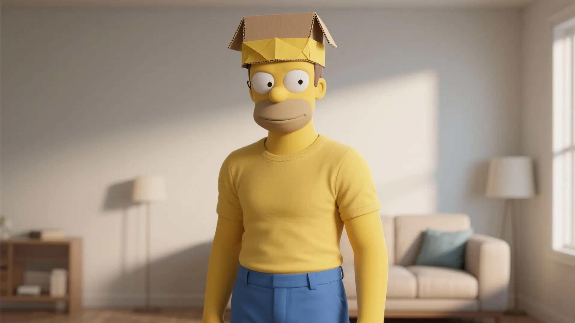 Homer Simpson character wearing a cardboard box hat inside a modern living room with sofa