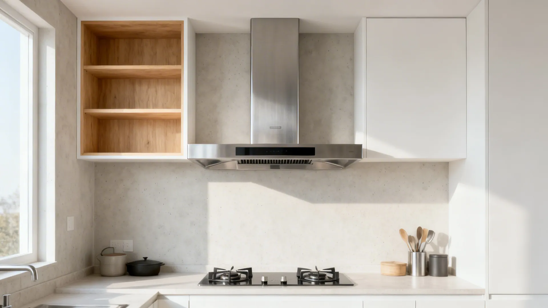 Slim chimney hood centered with minimal cabinetry and open shelves for better airflow.