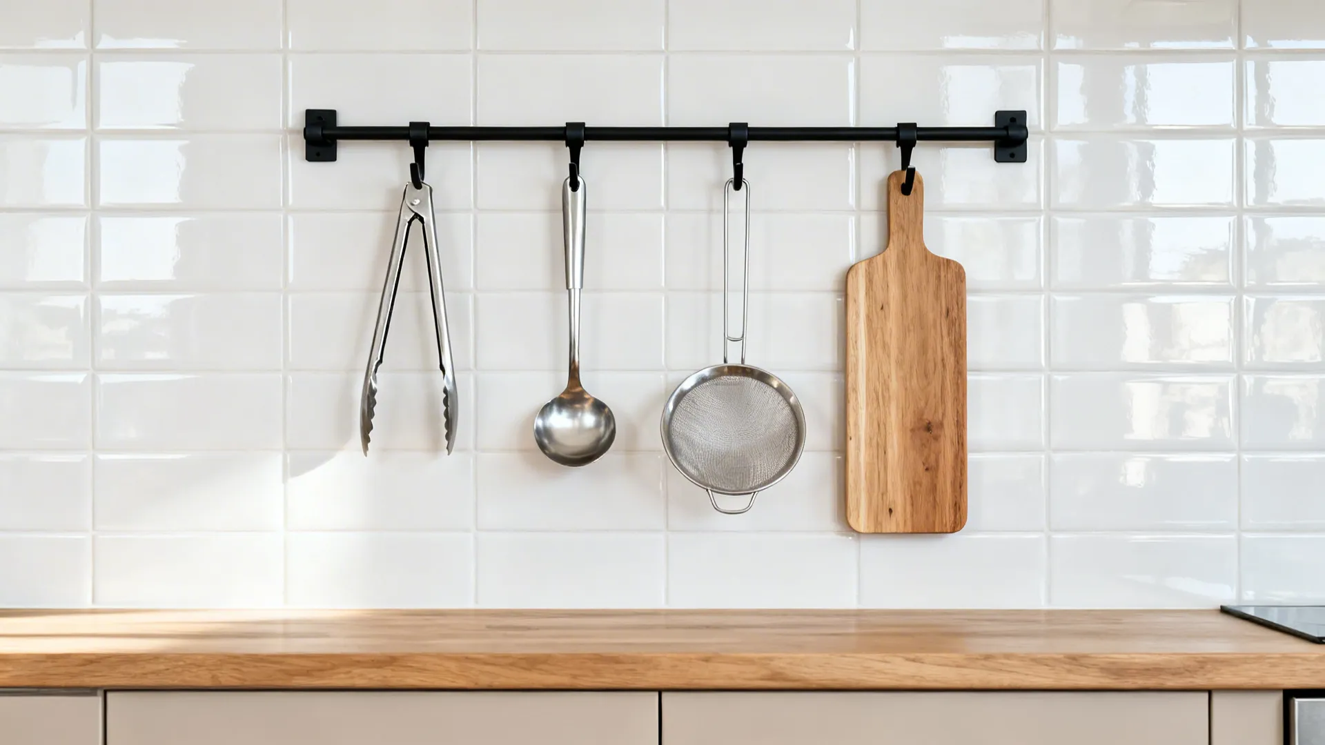 Four matte black hooks on white tile hold tongs, ladle, strainer, and a wood cutting board.