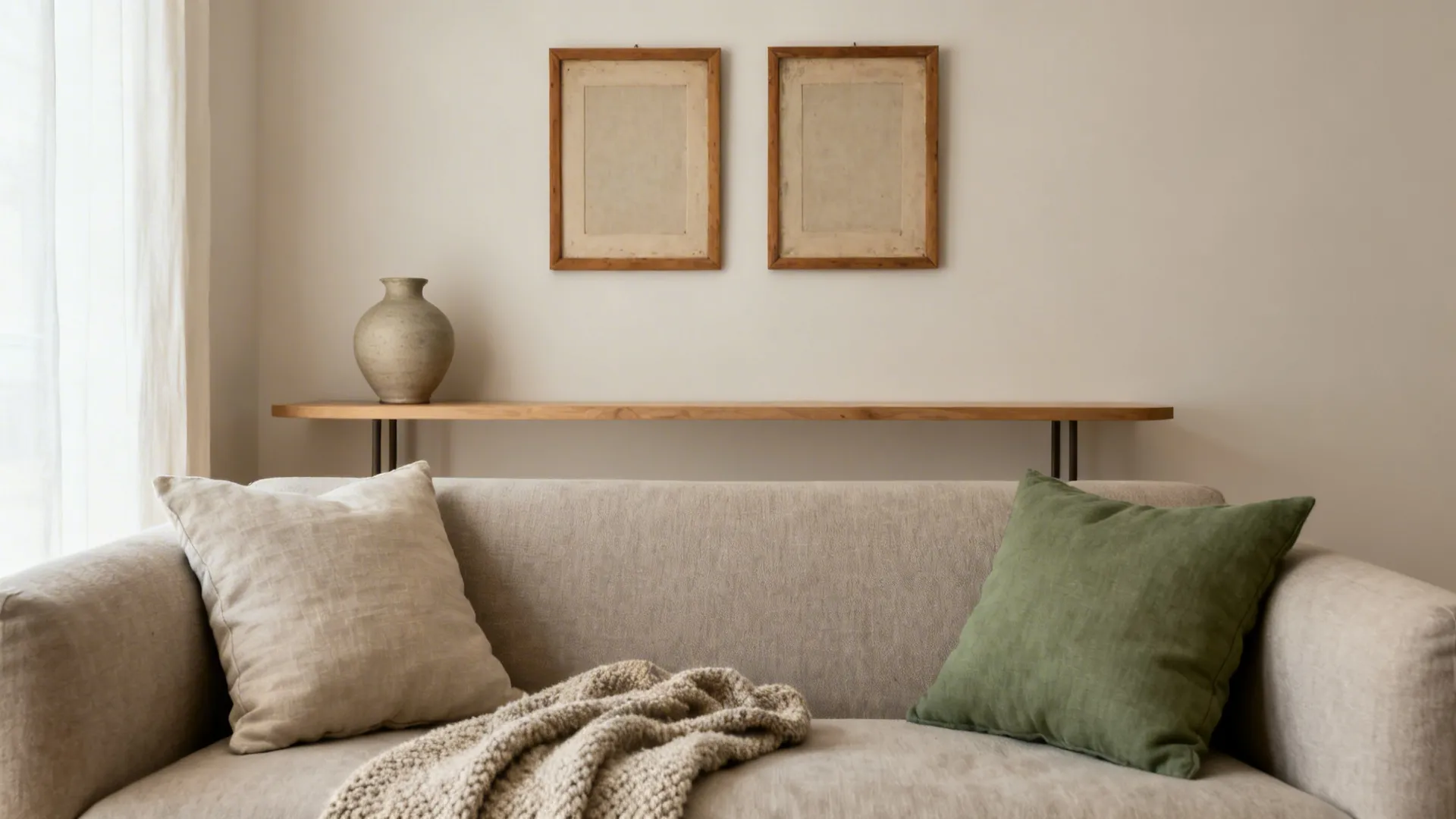 Compact living room with neutral textiles, two wooden frames, and a single ceramic vase in warm daylight.