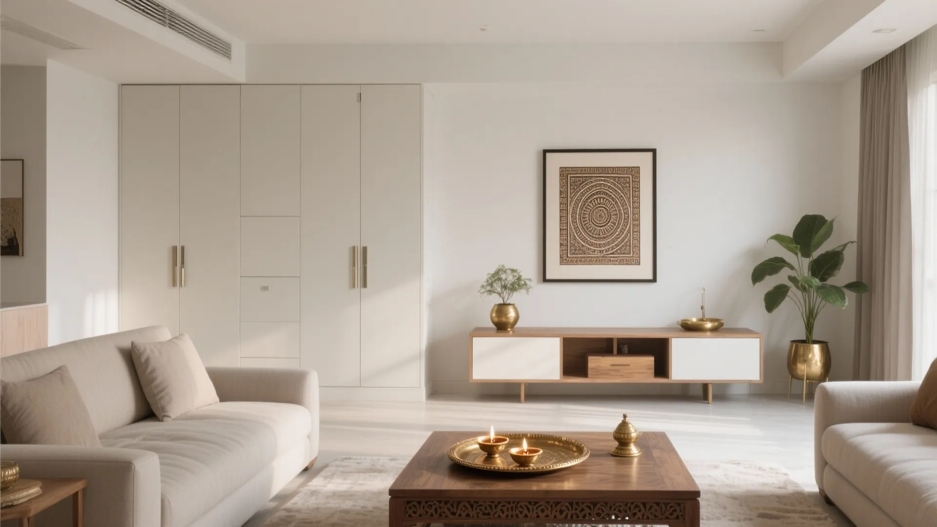 Bright white living room with cream sofa wood coffee table gold accents and large wall cabinet