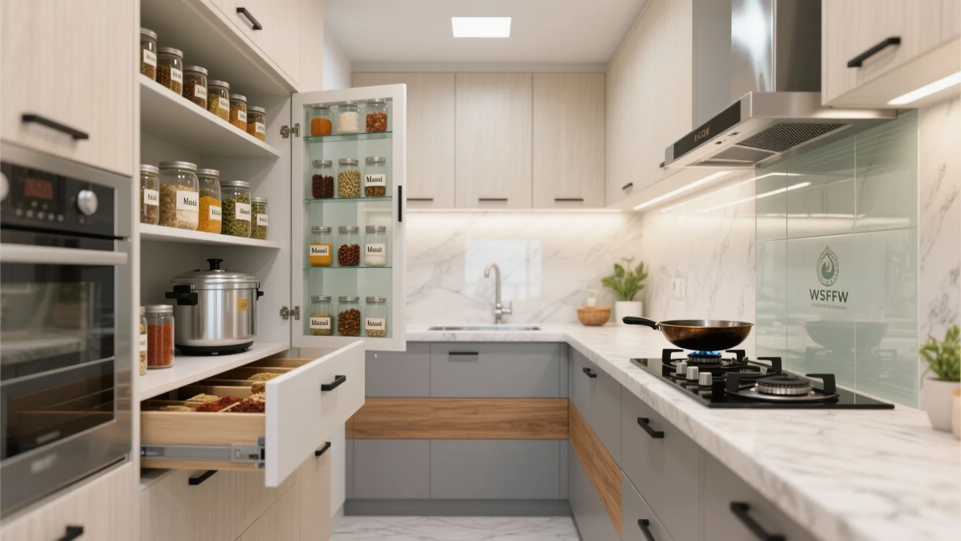 Modern kitchen storage area with spice jars on shelves wood cabinets and a grey stove