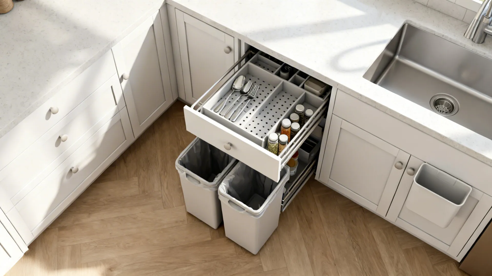 Top-down view of kitchen with smart inserts including spice pull-out, peg dividers, and trash rollout.