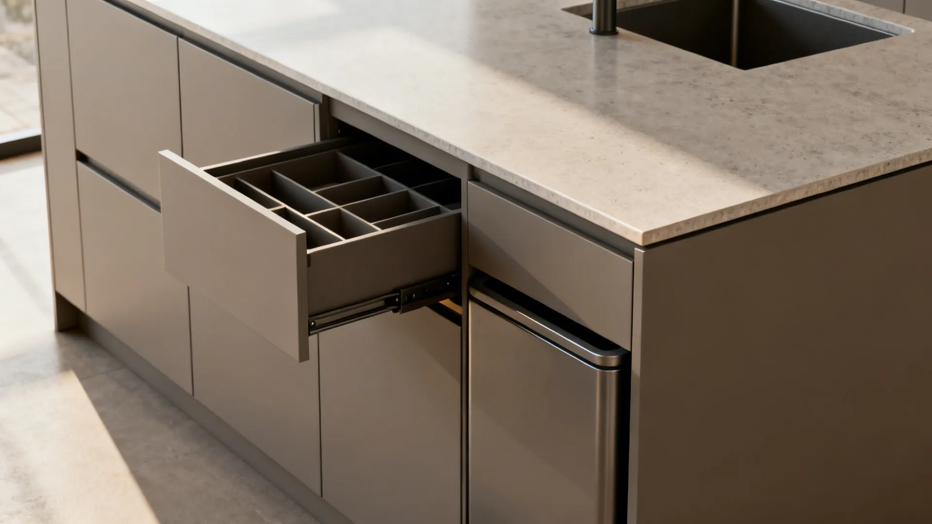 Macro of flush push-to-open island drawers with matte fronts and satin quartz top.