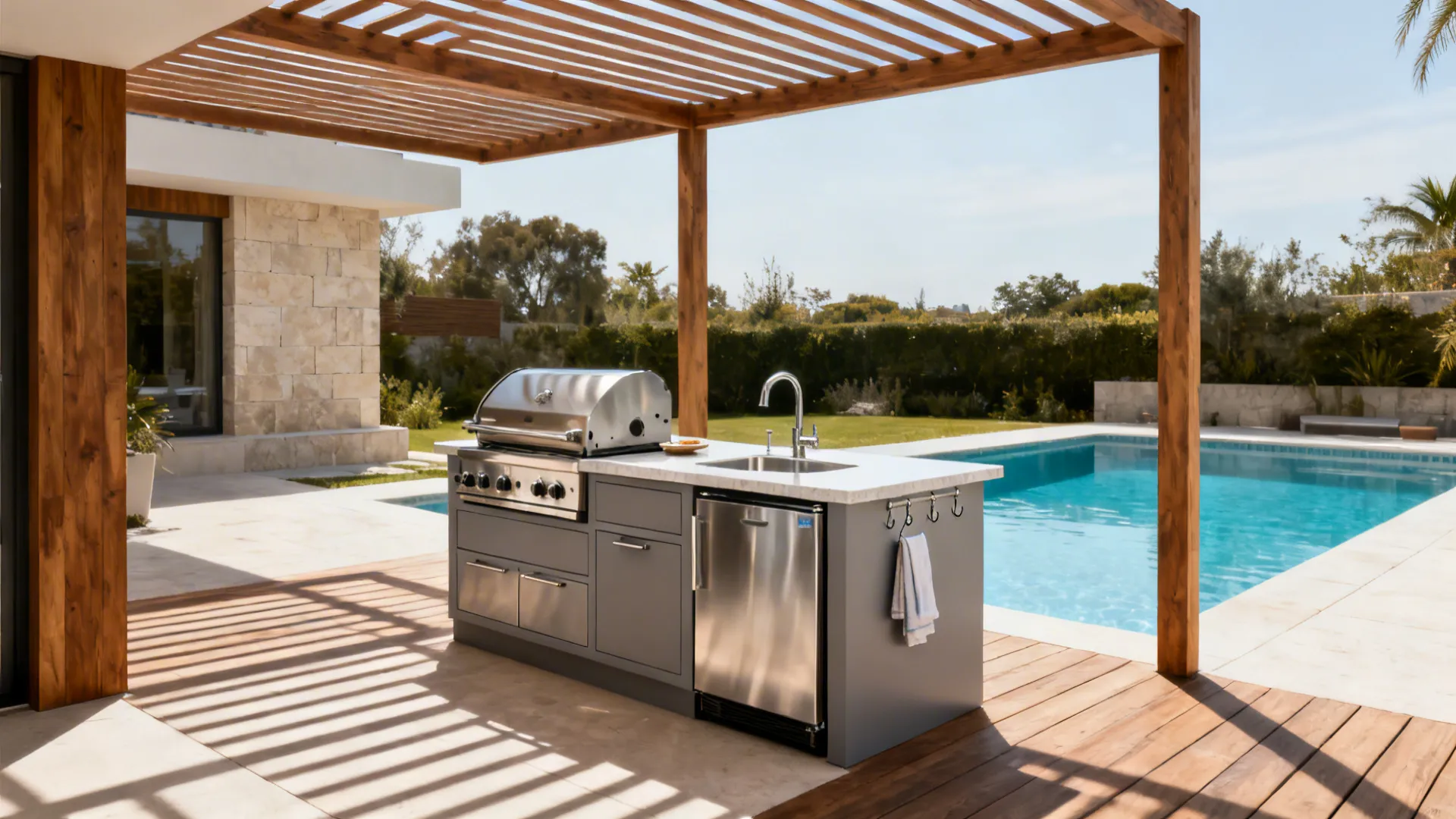 Outdoor kitchen island with grill and sink under wooden roof next to a swimming pool