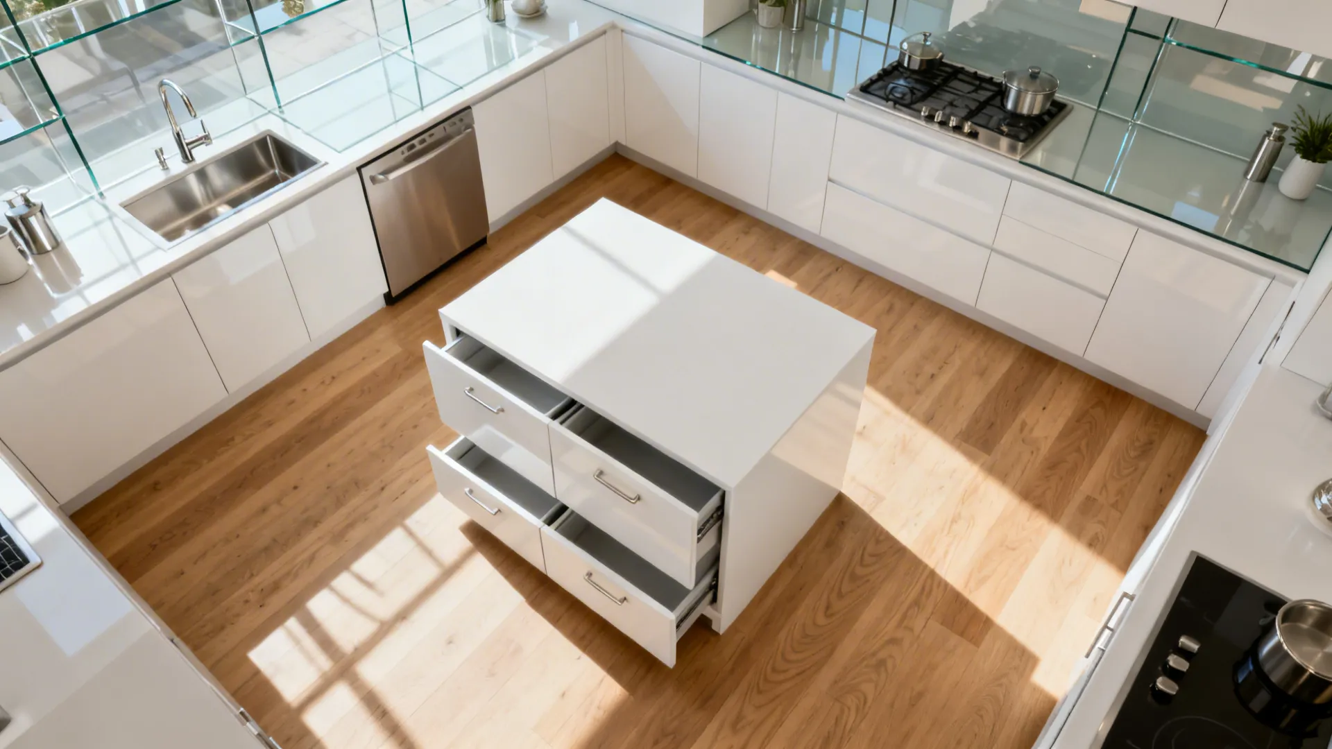 Top-down view of a compact kitchen with a slim minimalist island and hidden double-sided storage.