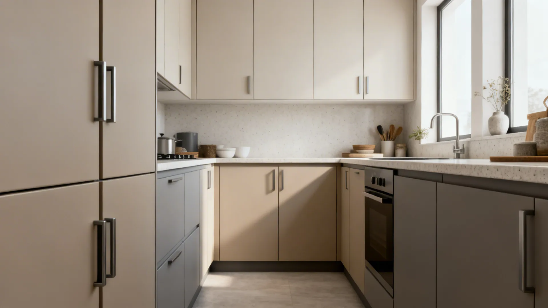 Galley kitchen with matte flat-panel doors and integrated J-pulls in soft daylight.