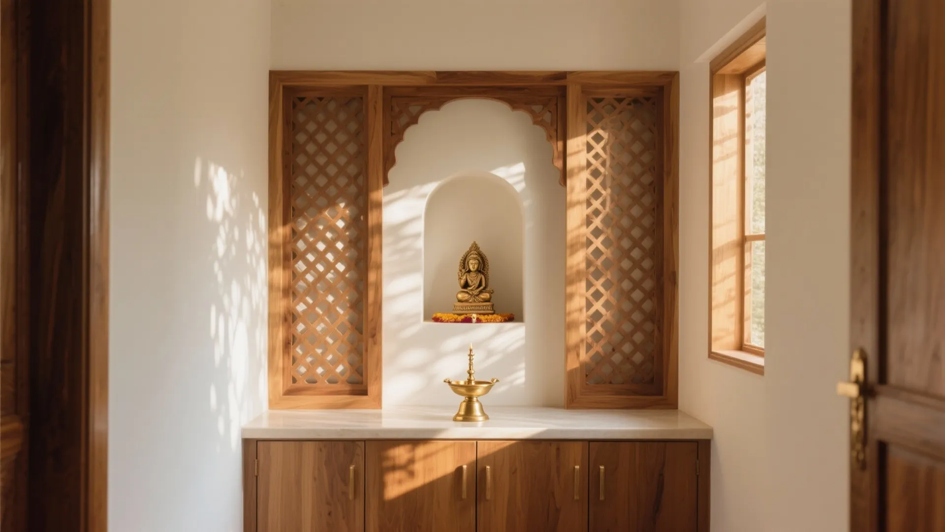 Modern wooden prayer room with small statue in wall niche and decorative wood lattice panels