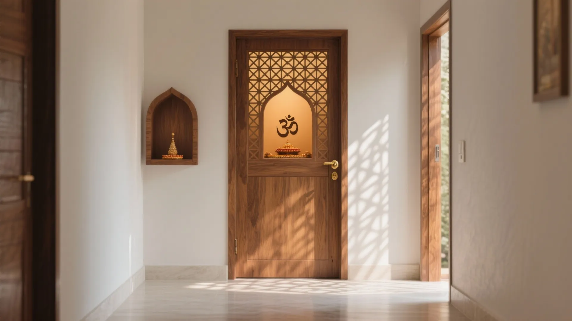Modern wooden door with an arched glass window and symbol inside a bright white hallway