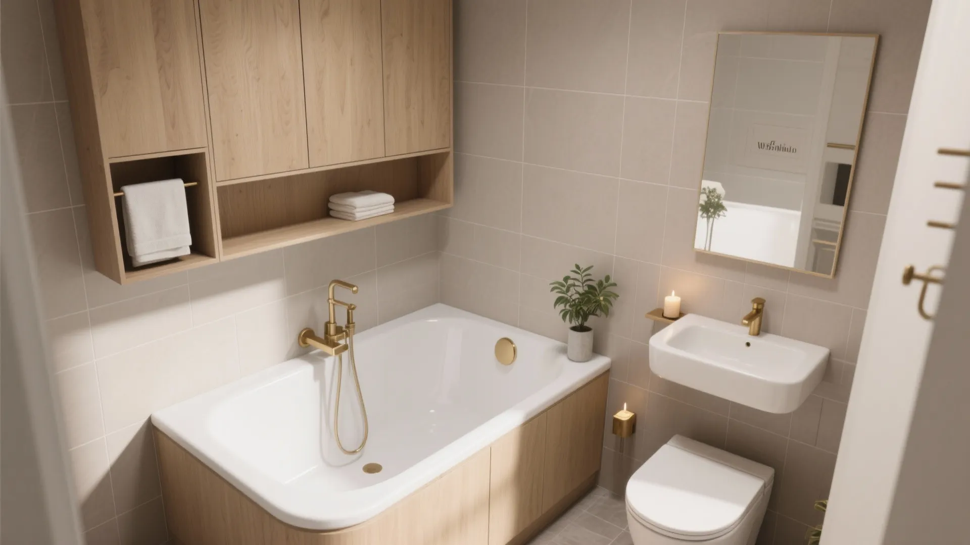 Minimalist corner jacuzzi with floating storage and a warm oak vanity in a compact bathroom.