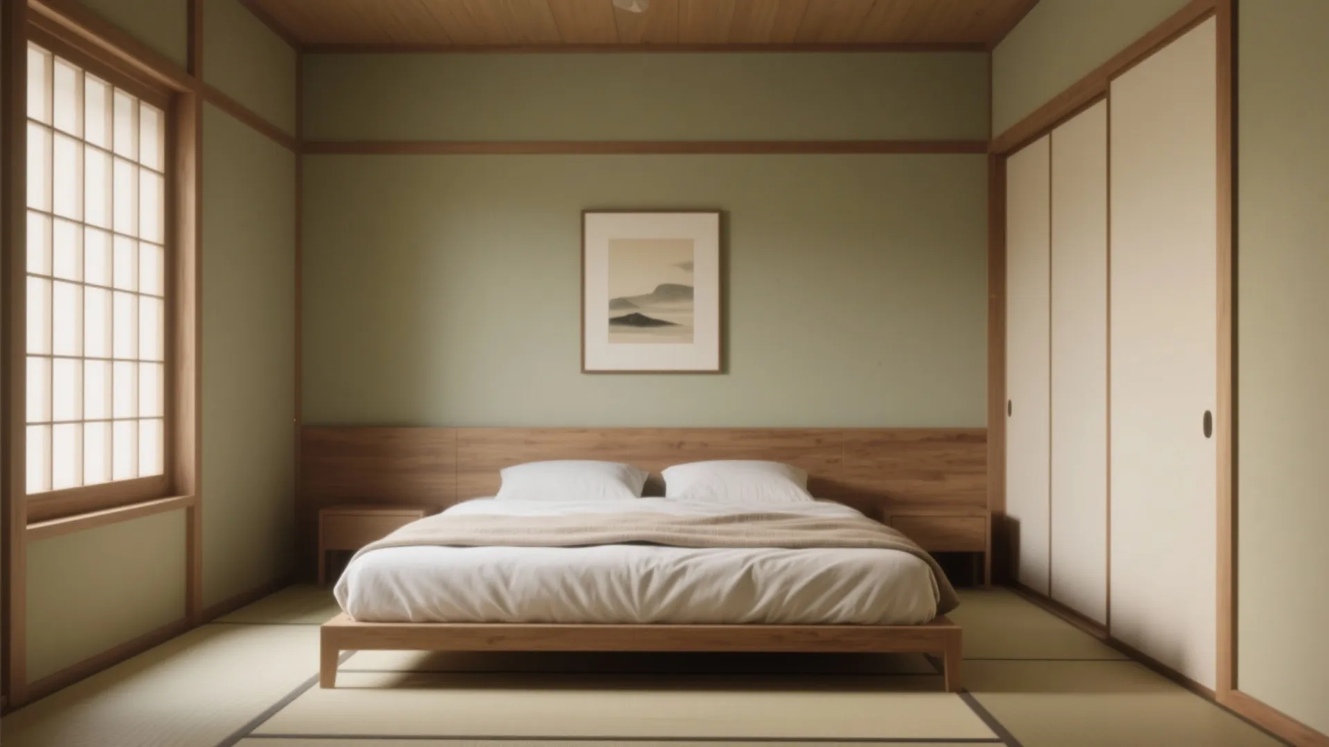 Minimal Japanese bedroom with low bed, single art piece, and generous negative space for a calm mood.
