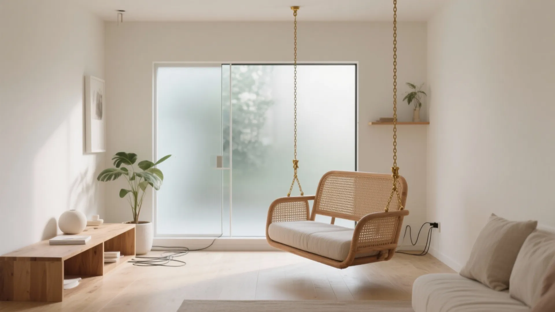 Minimalist living room with a hanging wooden seat near a large window and wooden cabinet