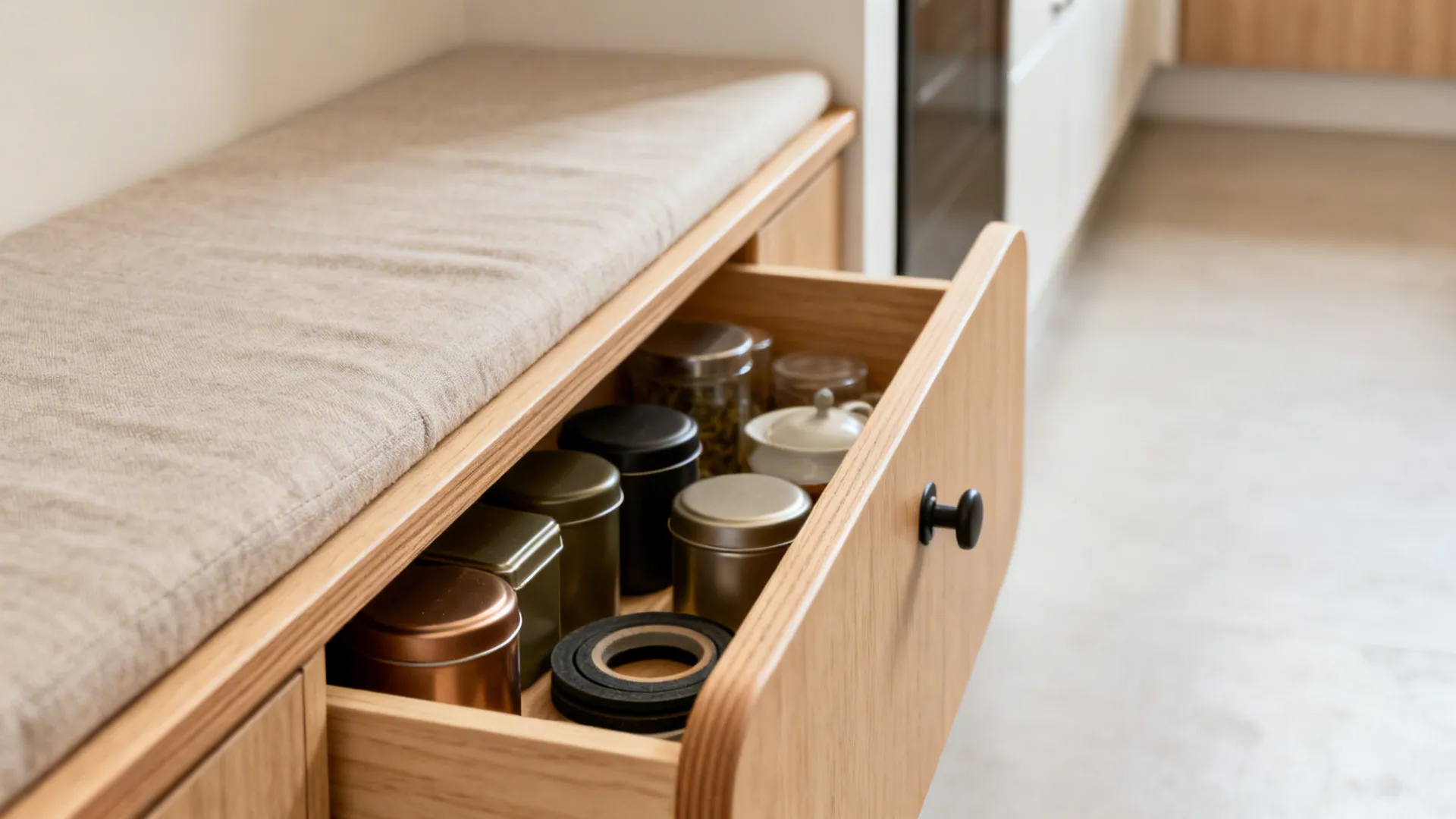 Slim katta bench with rounded edge and hidden drawers in a small kitchen.
