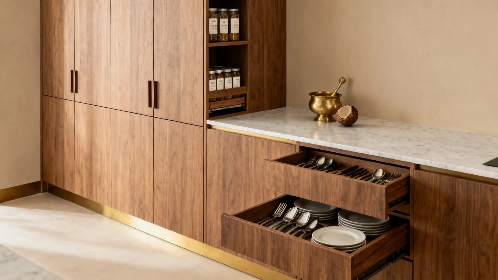 Wooden kitchen cabinet with open drawers showing white plates and silver cutlery on marble stone countertop