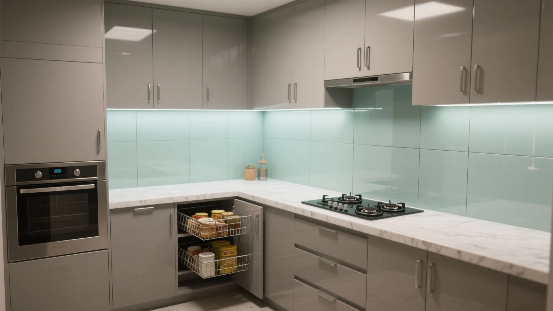 Modern kitchen with grey cabinets white marble countertop gas stove oven and open storage basket