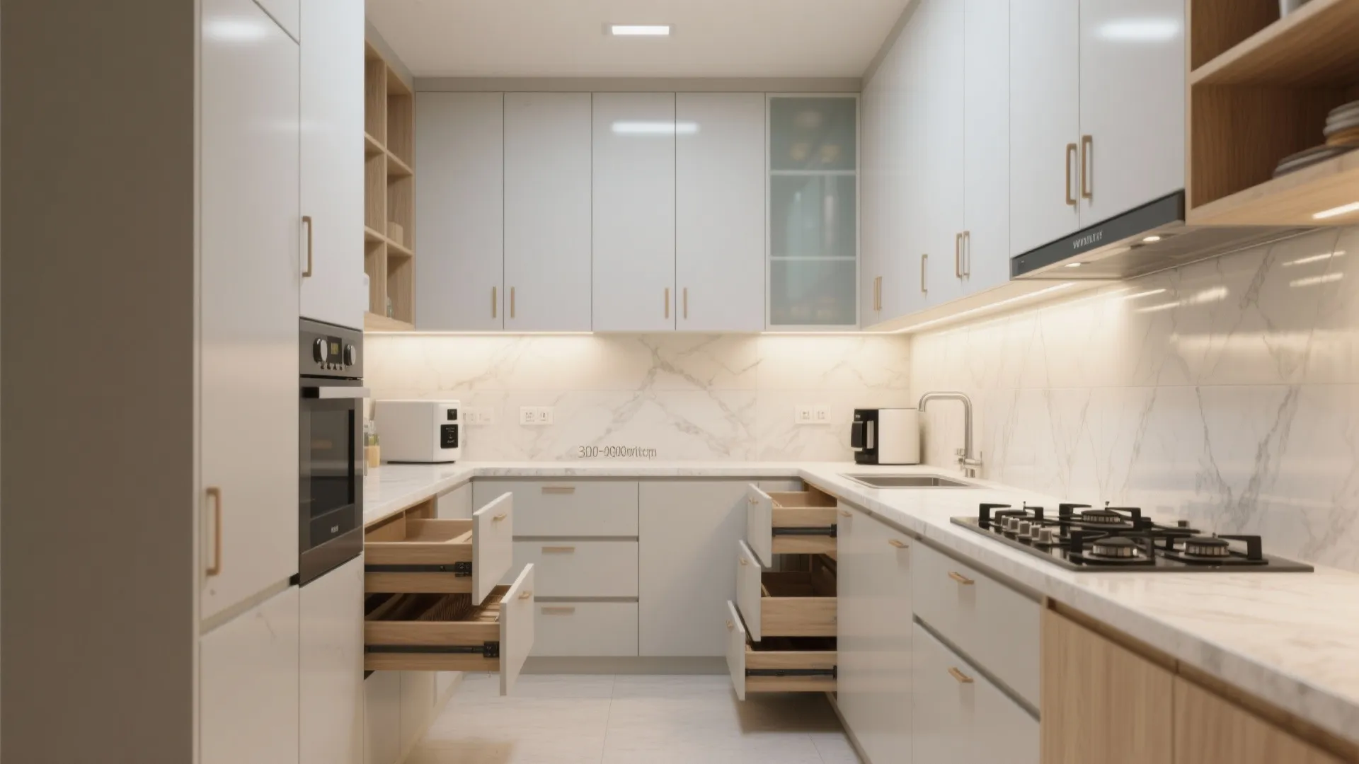 Compact 2 BHK modular kitchen with full-height matte cabinets and deep drawer storage.