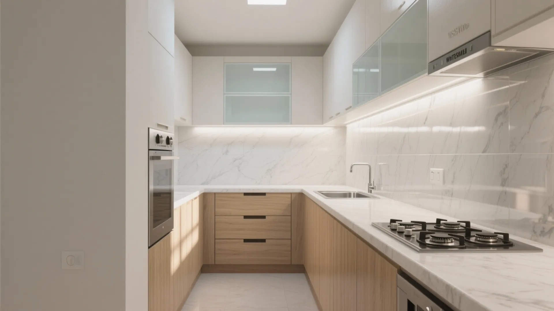 [Section: 灵感列表] Minimalist kitchen storage with a bright, easy-clean backbone