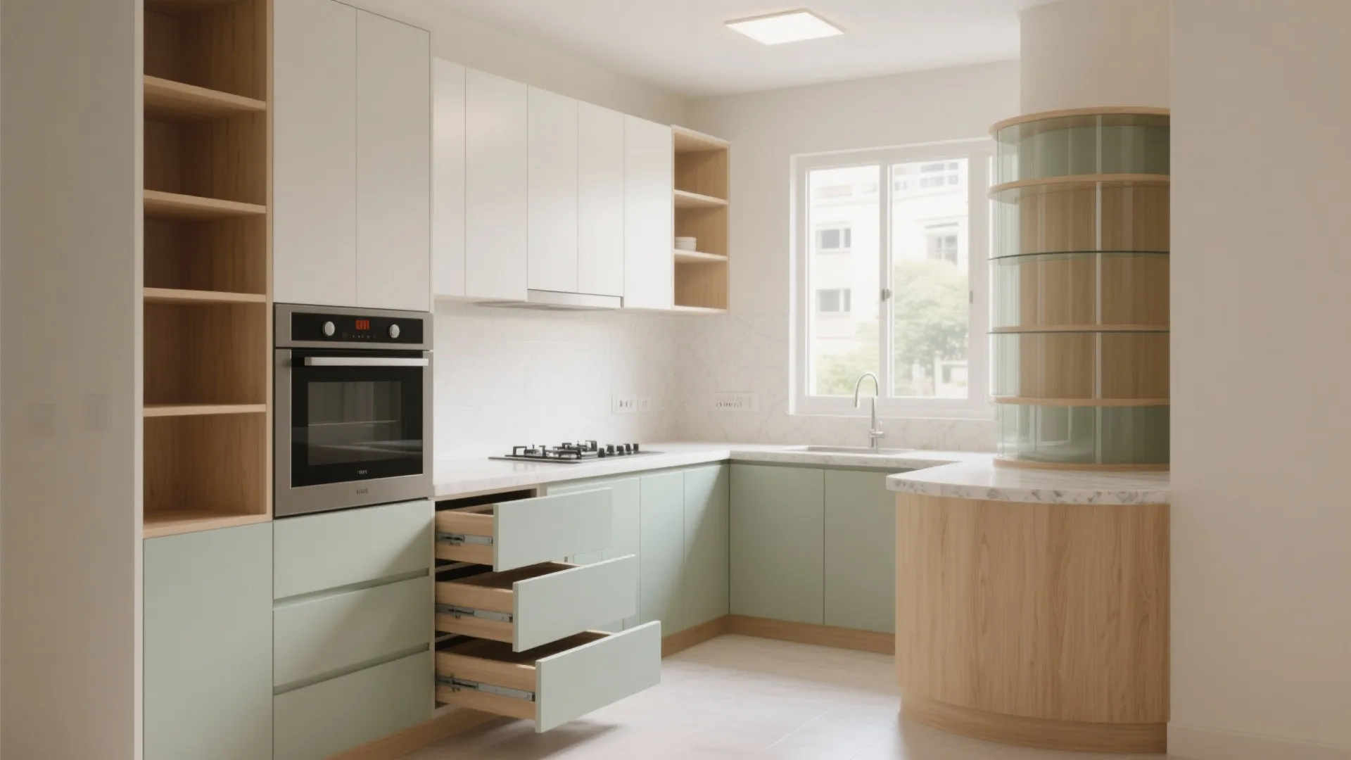 Modern kitchen with white and green cabinets open wooden shelves built in oven and marble countertops