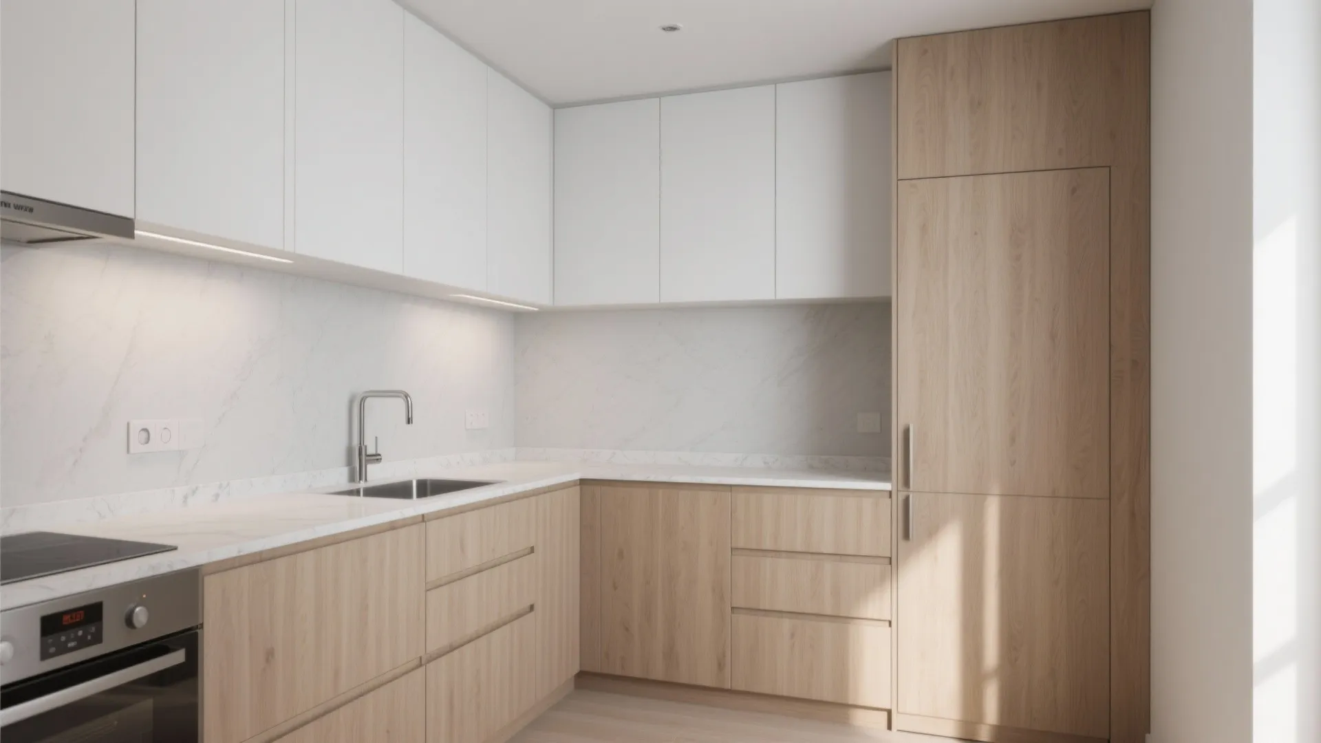 Minimalist l-shaped kitchen featuring light wood lower cabinets white upper cabinets marble backsplash and sink