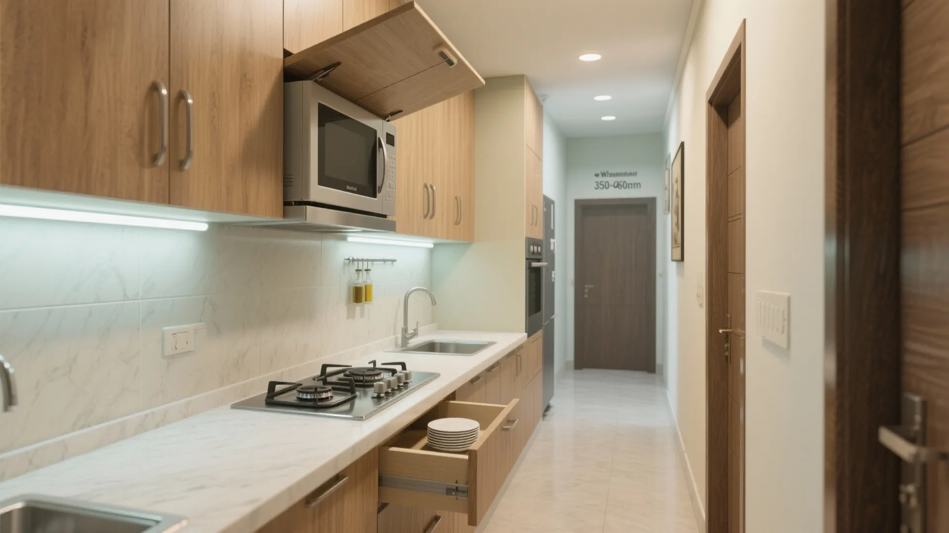 Modern galley kitchen featuring wooden cabinets marble countertop stainless gas stove and built-in microwave oven appliance