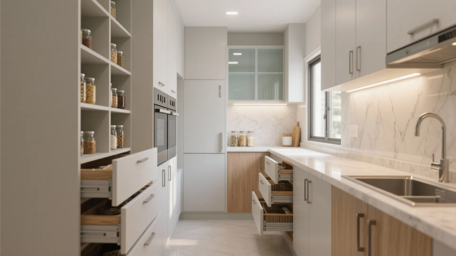 Modern kitchen featuring white cabinets wood units marble countertop and open drawers with wood storage