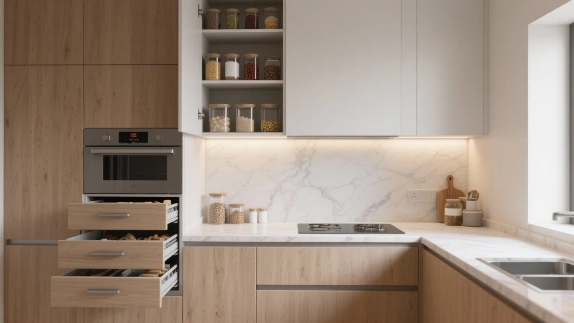 Minimalist kitchen storage for a 2 BHK in Dubai