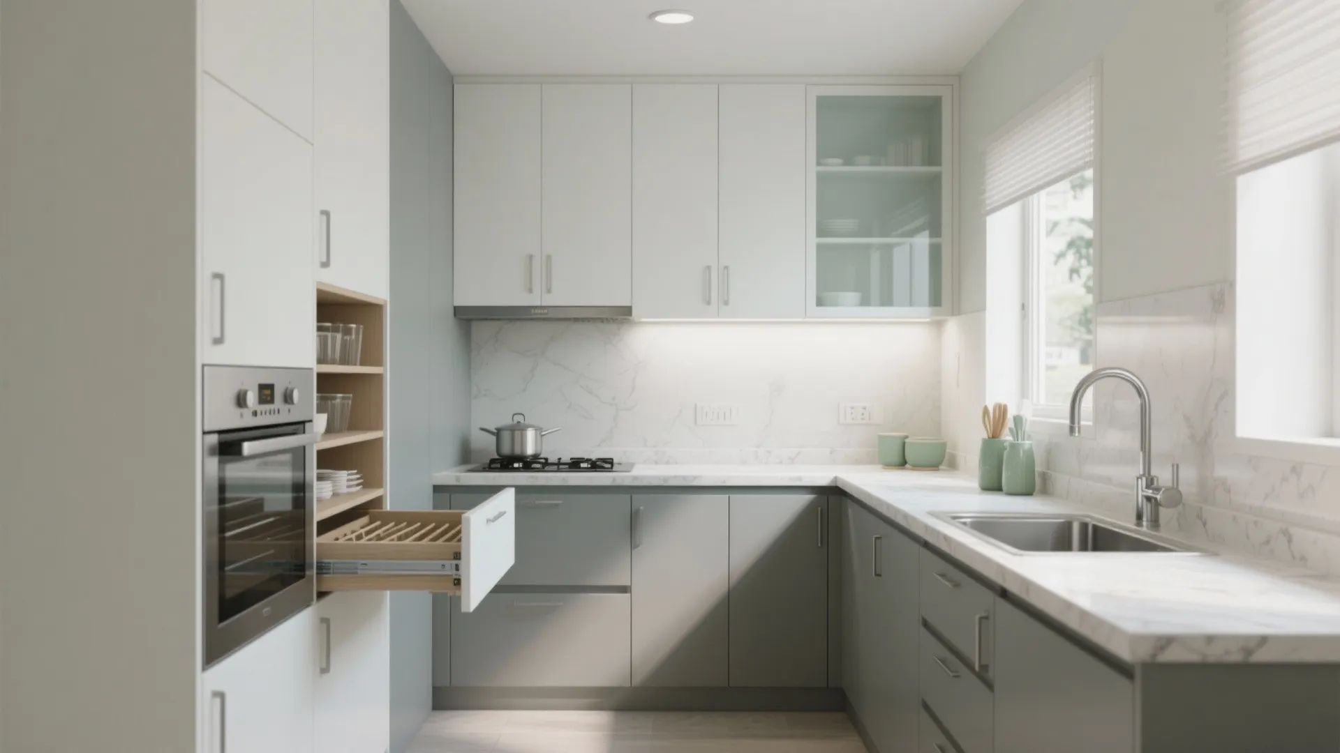 Modern kitchen with white upper cabinets grey lower cabinets marble backsplash open drawer and built-in oven