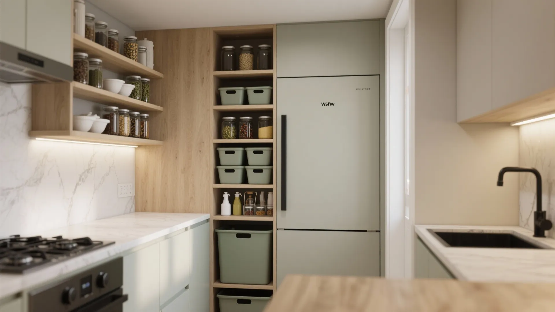 Kitchen interior with light green fridge wooden shelves glass jars and plastic bins for storage