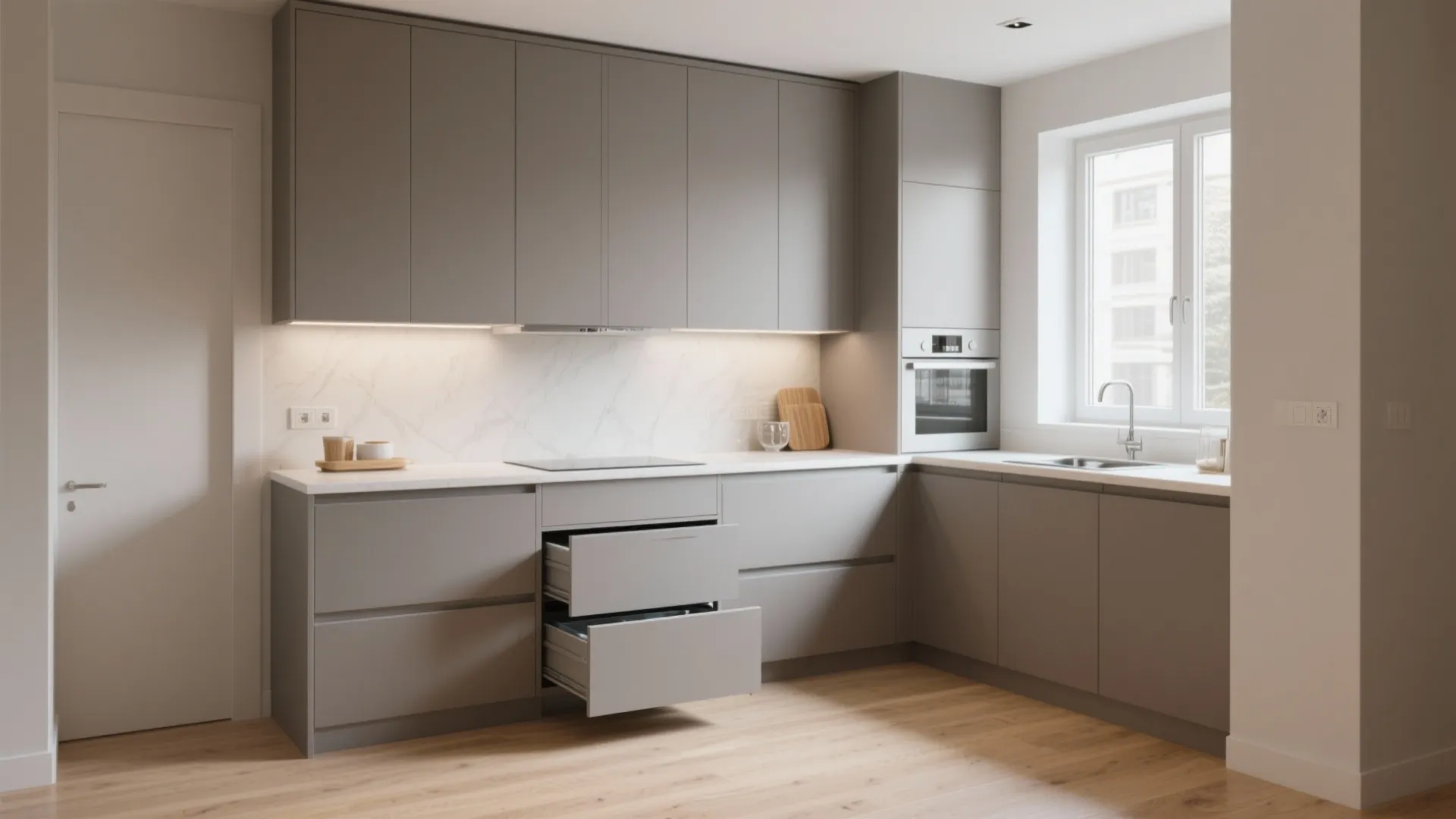 Minimal kitchen storage with clean lines