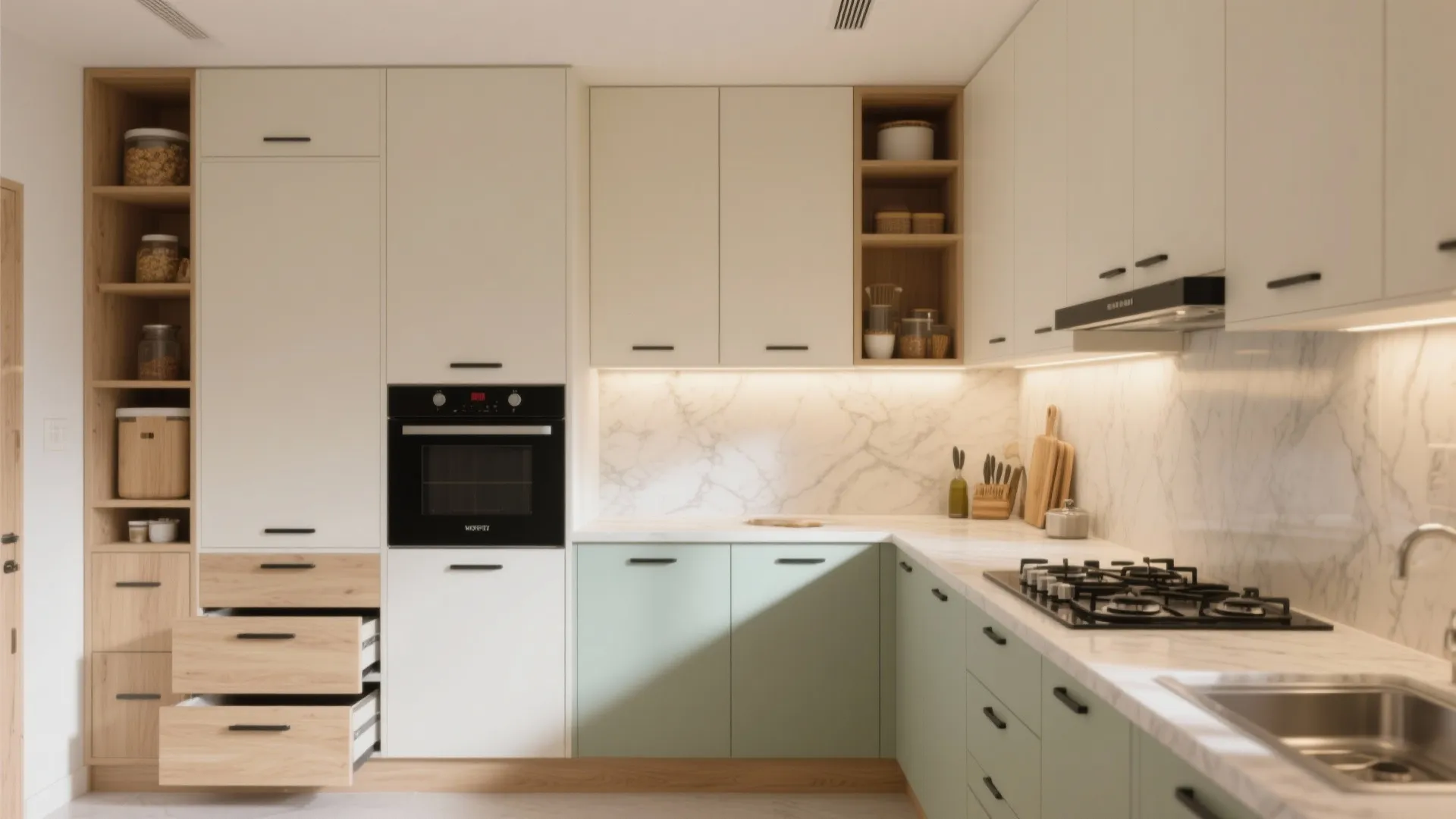 L-shaped kitchen featuring white and green cabinets marble backsplash open shelving and built-in black oven