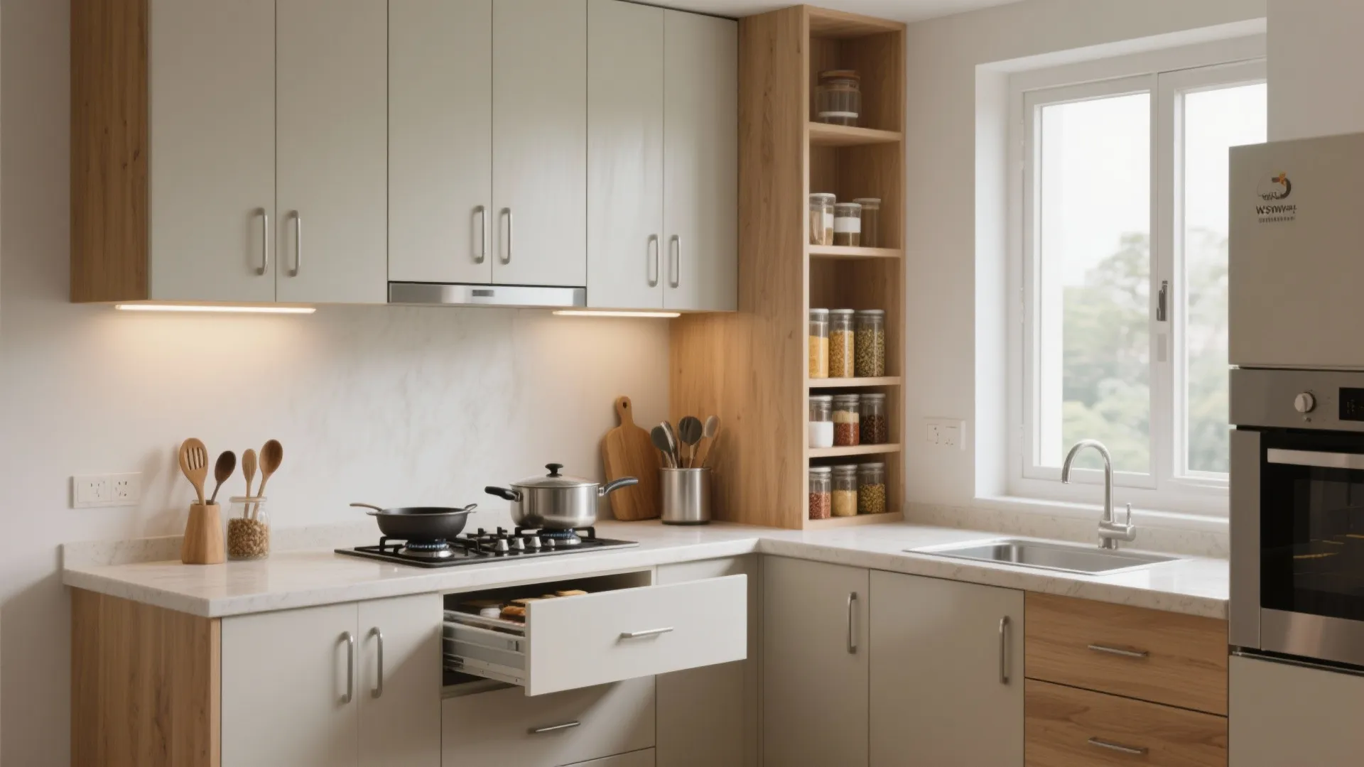 Modern kitchen featuring white cabinets wooden shelves open drawer gas stove and sink near window