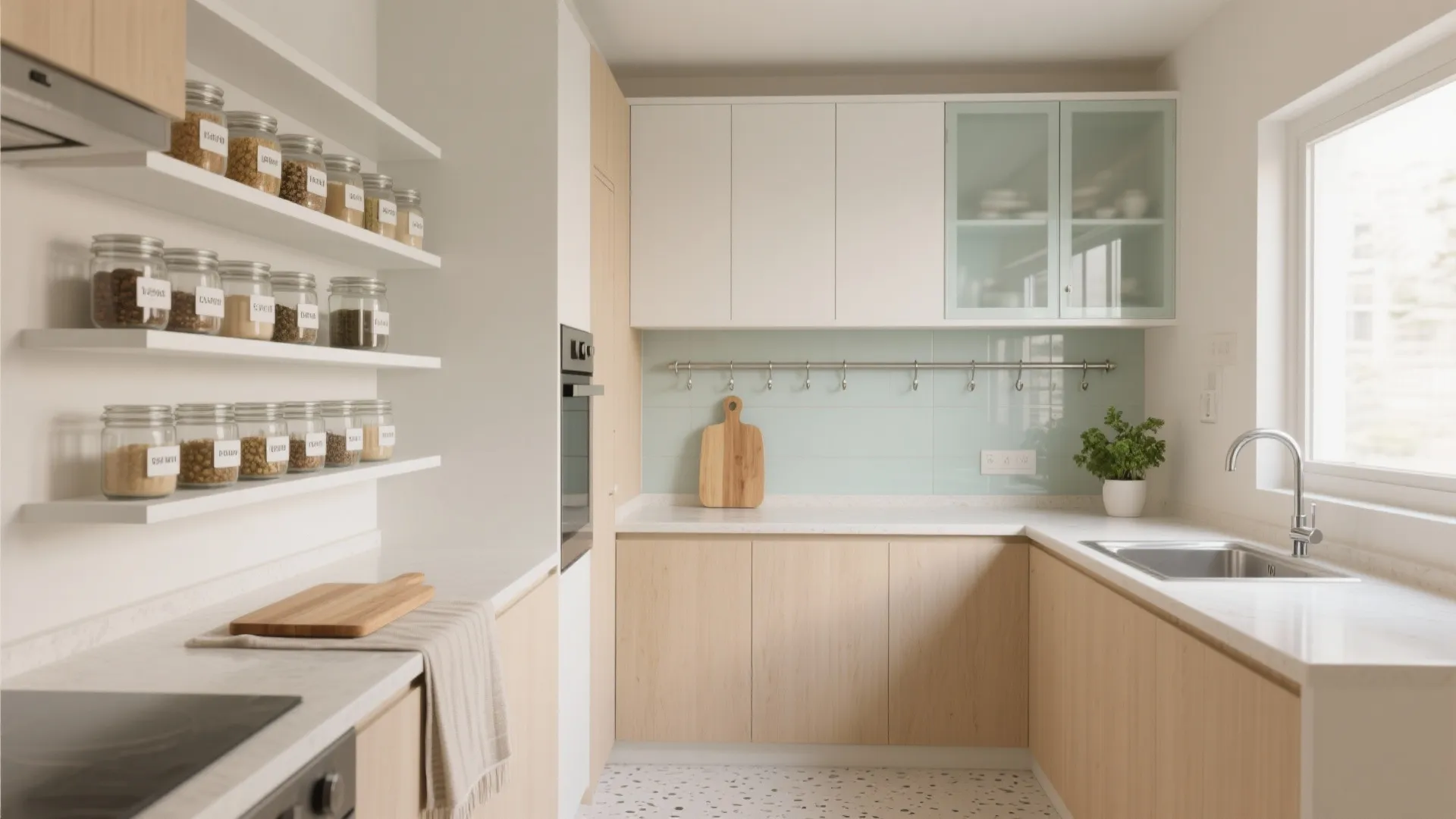 Minimalist kitchen storage flow