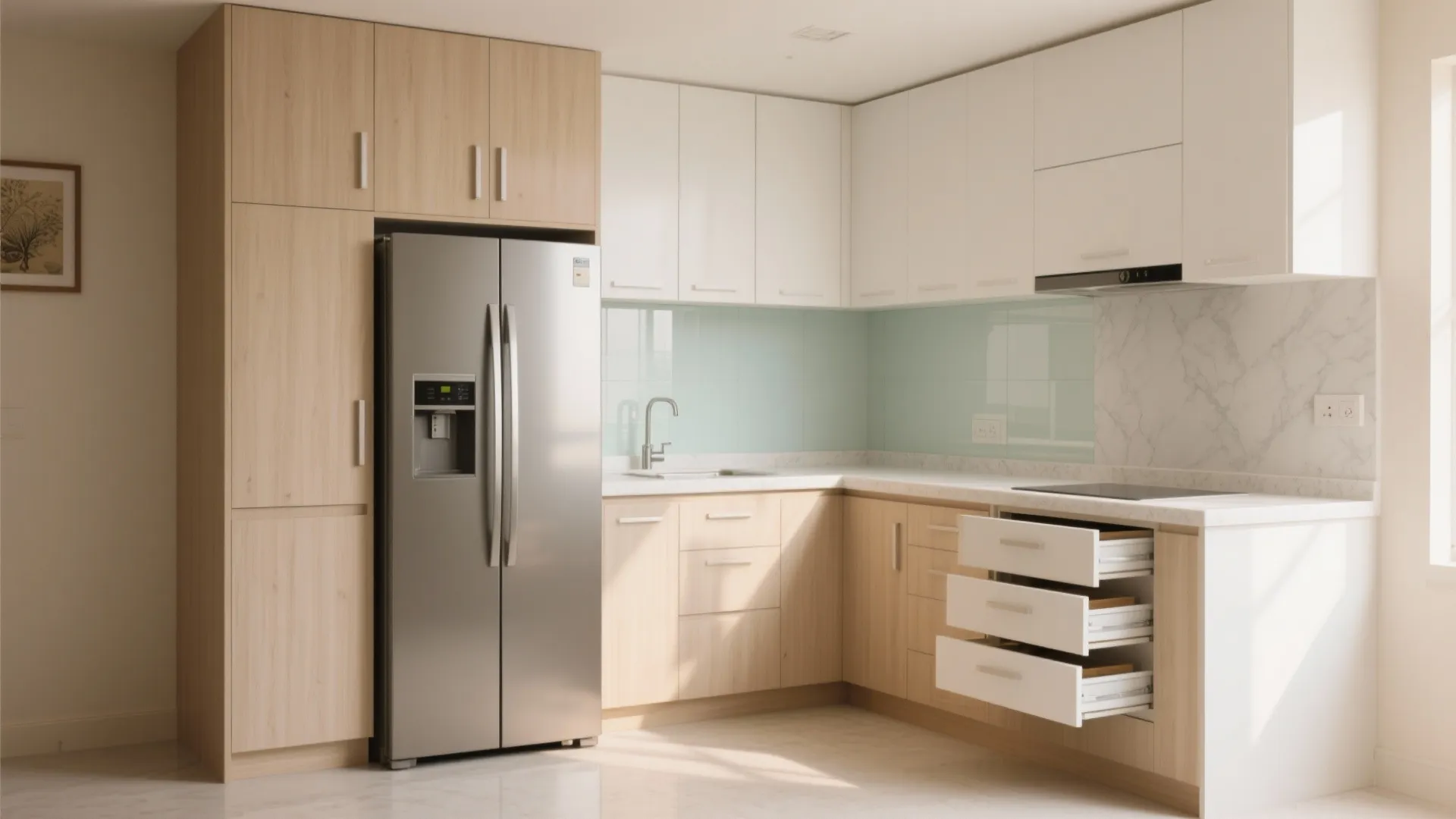 Minimalist kitchen storage with concealed lines