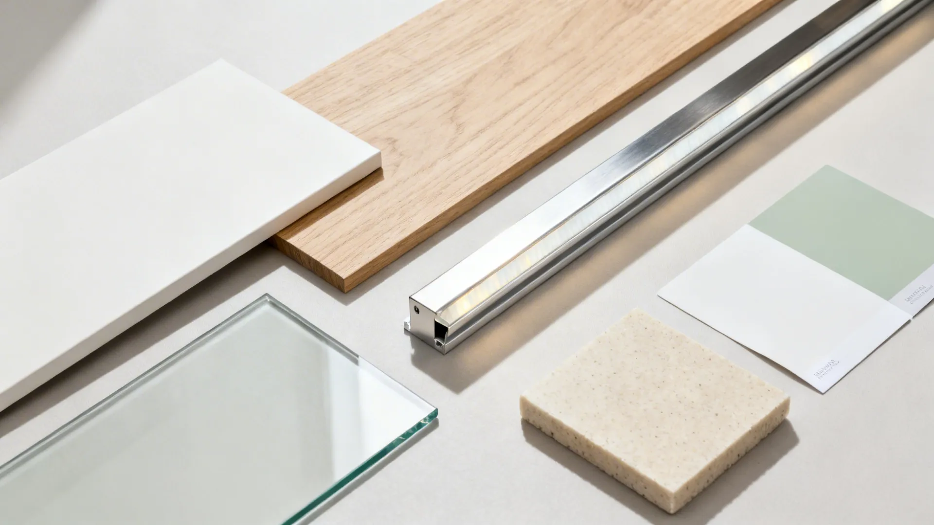 Flat lay of warm white lacquer, oak veneer, satin glass, LED channel, and quartz samples.