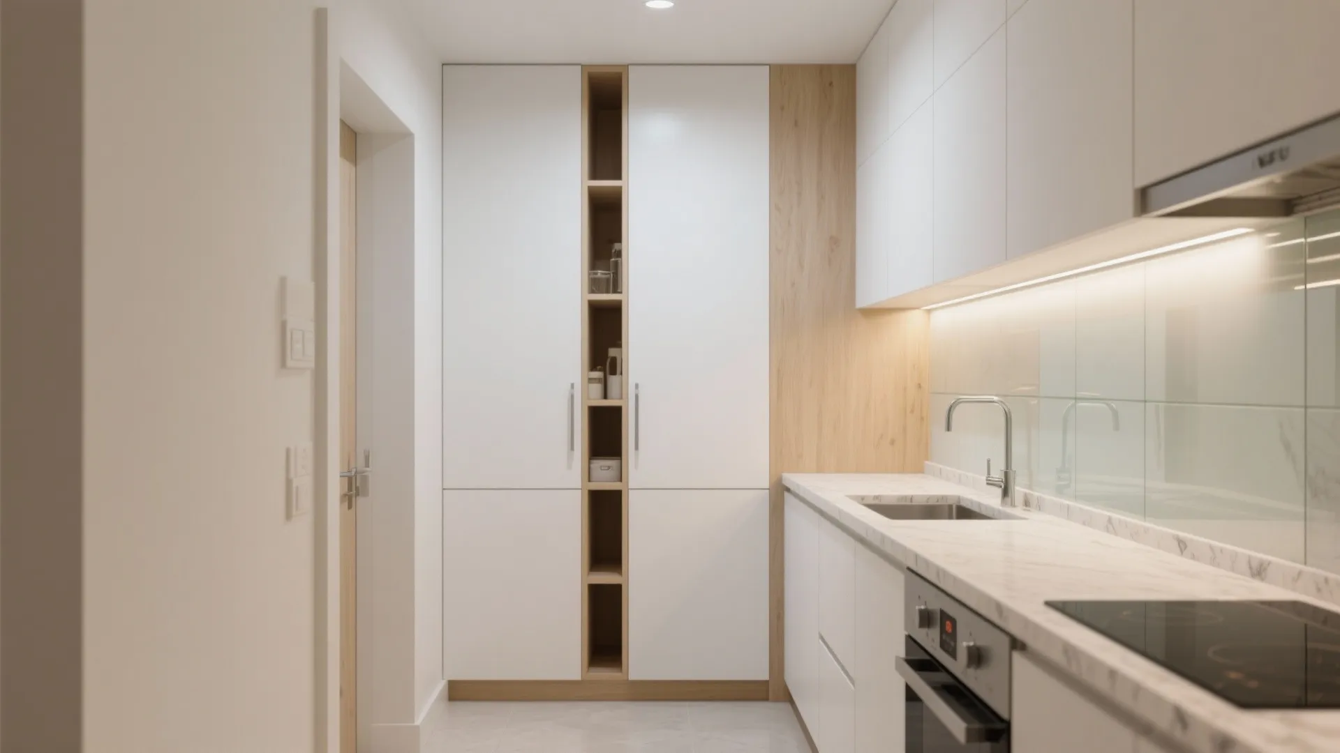Minimalist white kitchen with tall cabinets, wood accents, marble countertop, sink, and modern black stove