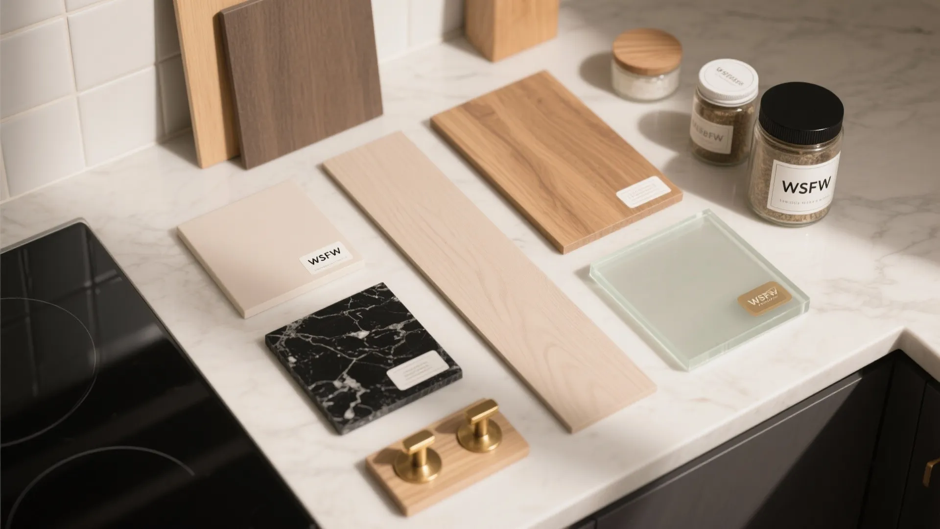 Kitchen material board with wood samples black marble tile glass piece and gold handles on counter
