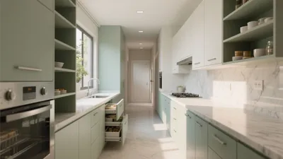 Sage Green Galley Kitchen with Marble Countertops