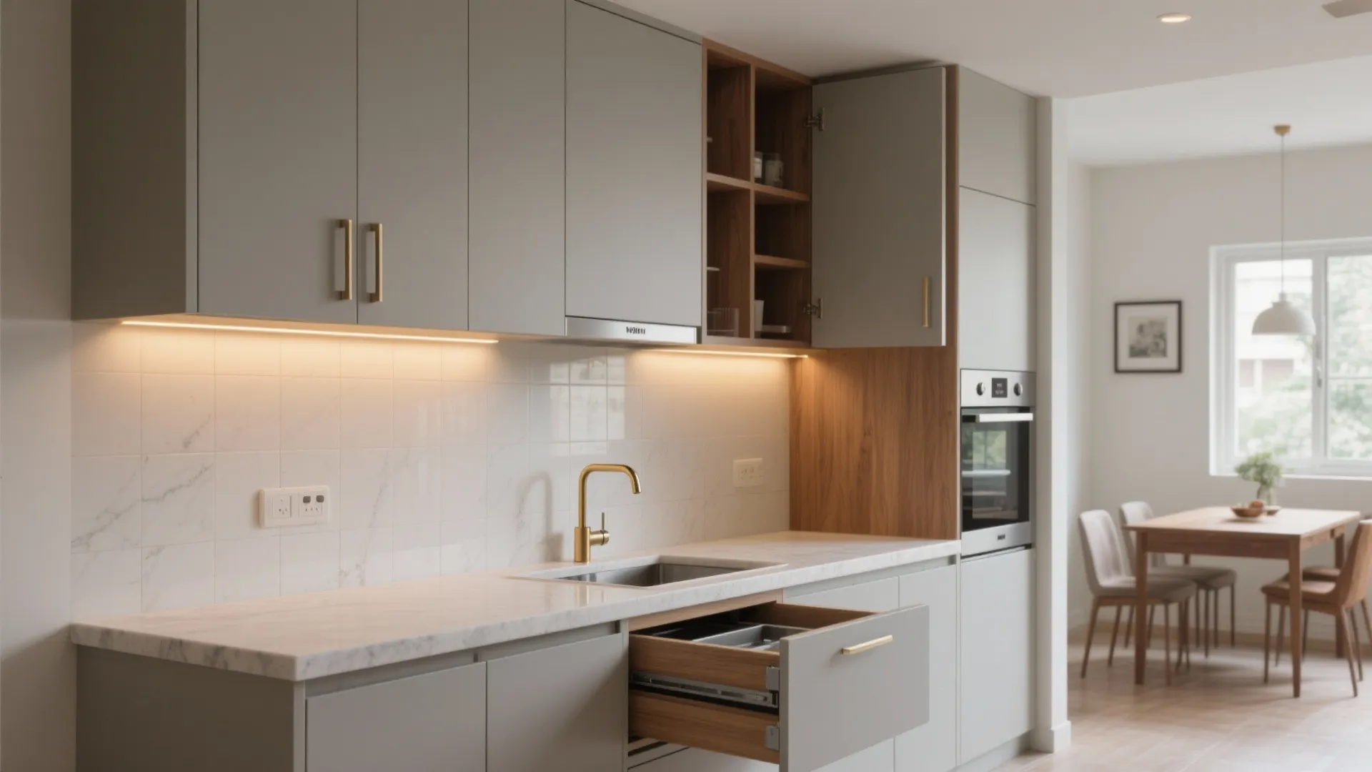Minimalist kitchen storage for a Kolkata 3 BHK