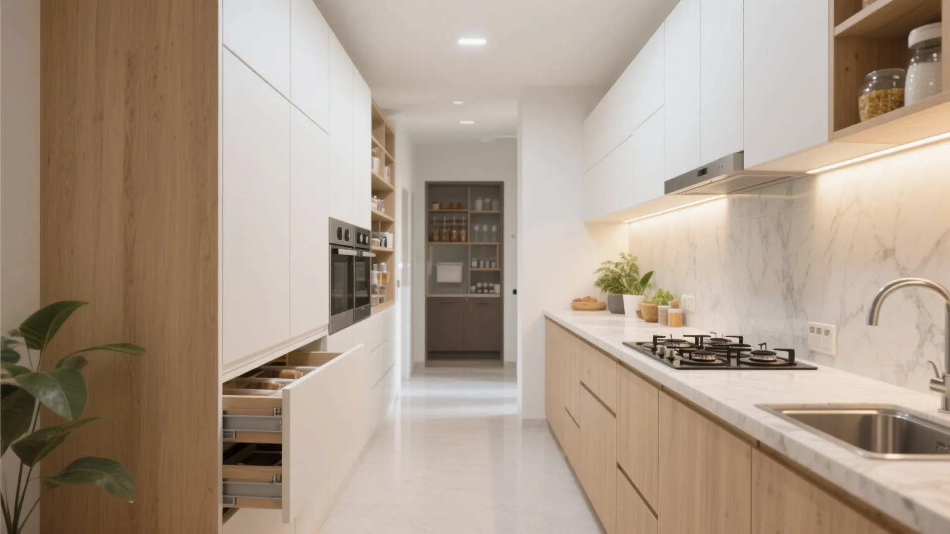 Modern galley kitchen featuring white upper cabinets wood lower cabinets open drawers and marble backsplash